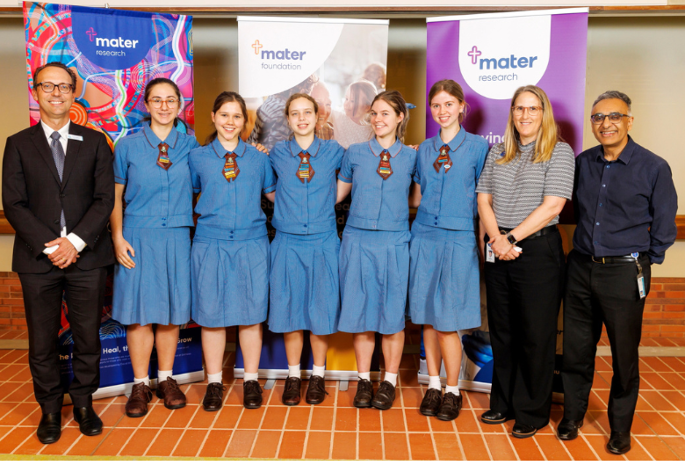 Mr Scott Adamson and students from All Hallows' School with Professor Allison Pettit and Professor Maher Gandhi.
